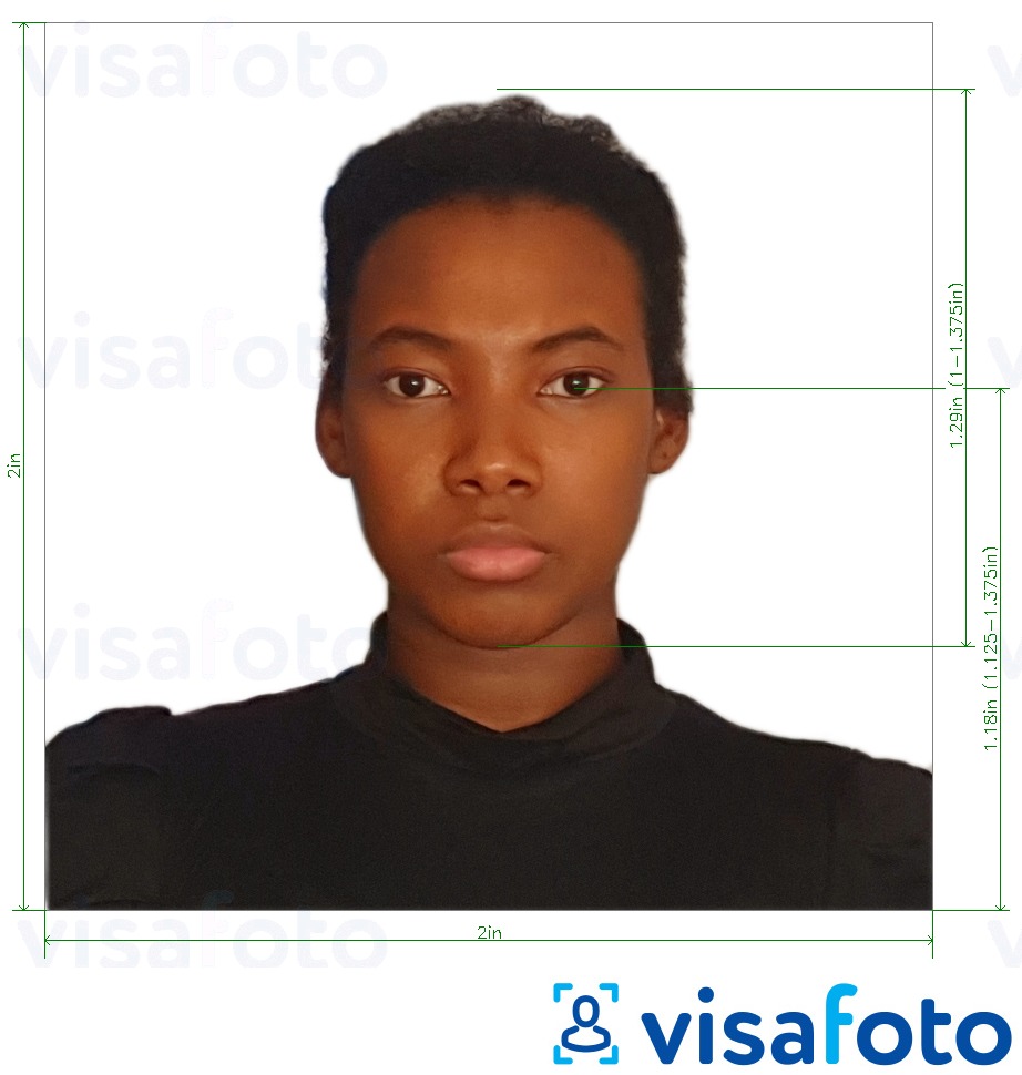 Eksempel på billede for Dominikanske Republiks pas 2x2 tommer med præcis størrelsesspecifikation.