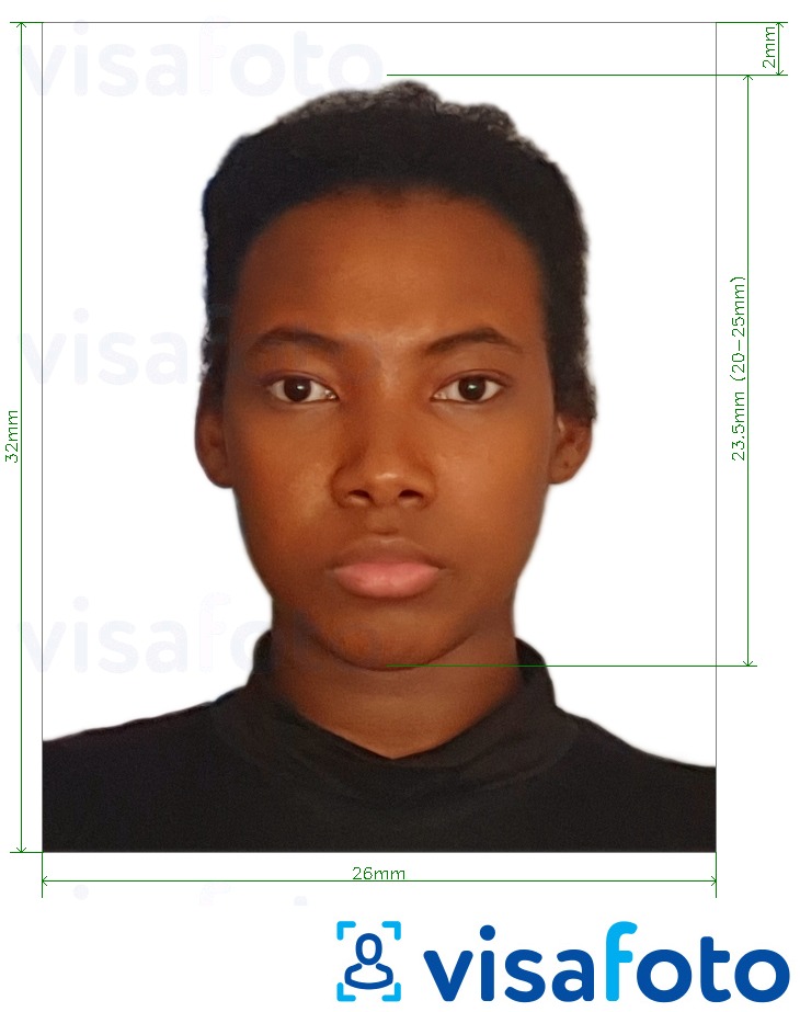 Eksempel på billede for Guyana pas 32x26 mm (1,26x1,02 inch) med præcis størrelsesspecifikation.