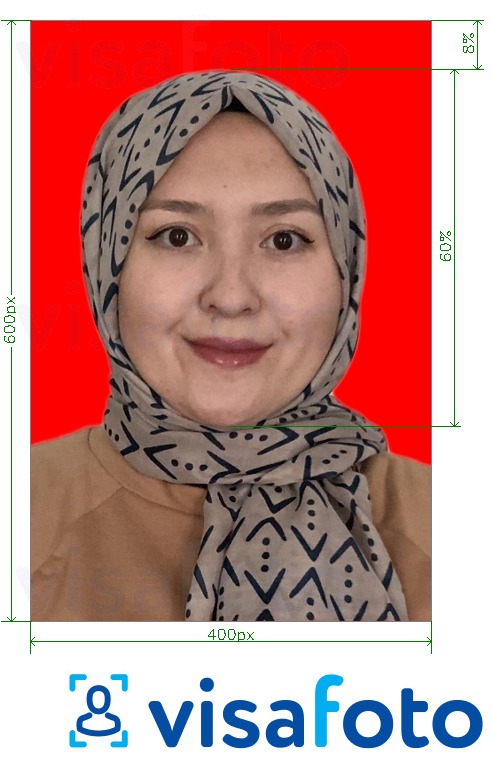 Eksempel på billede for Indonesien e-visum registrering med præcis størrelsesspecifikation.