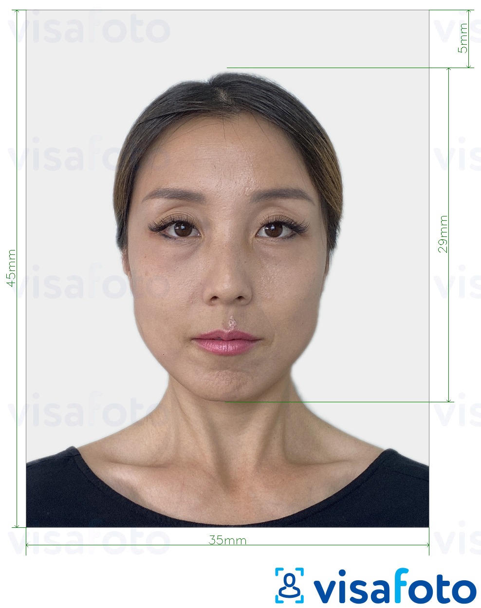 Eksempel på billede for Japan e-visum 35x45 mm med præcis størrelsesspecifikation.