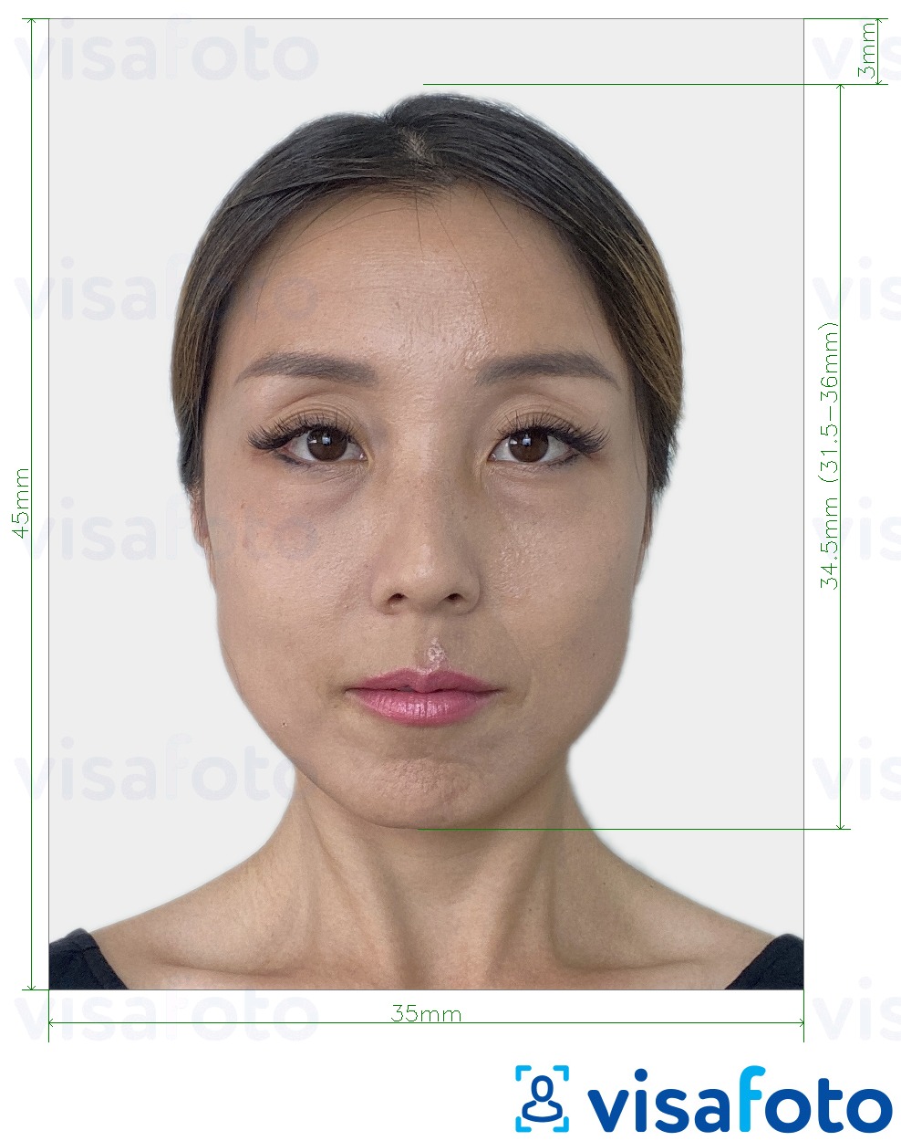 Eksempel på billede for Japan visum 35x45 mm med præcis størrelsesspecifikation.