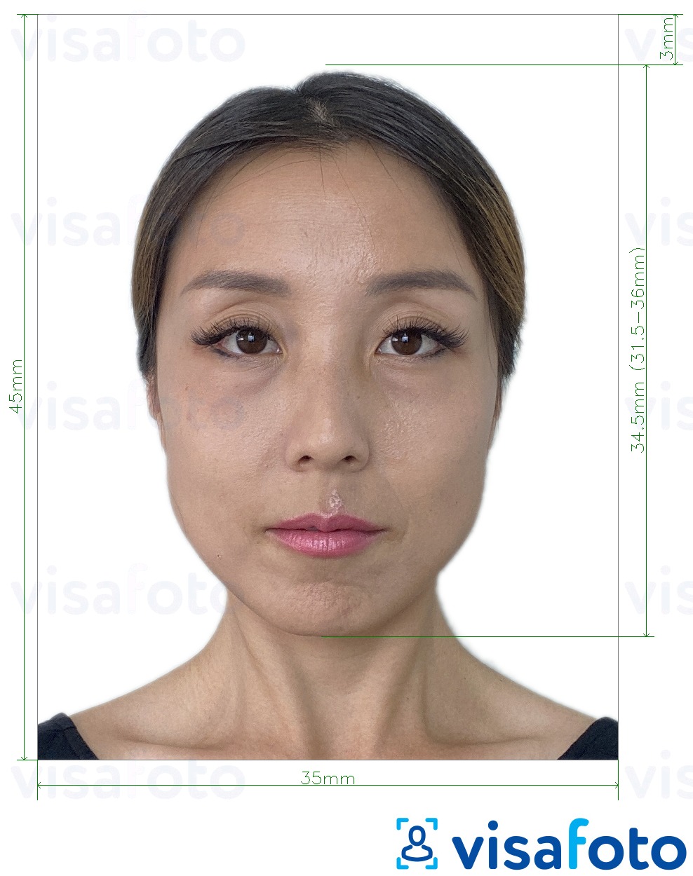 Eksempel på billede for Sydkoreas registreringskort 35x45 mm med præcis størrelsesspecifikation.