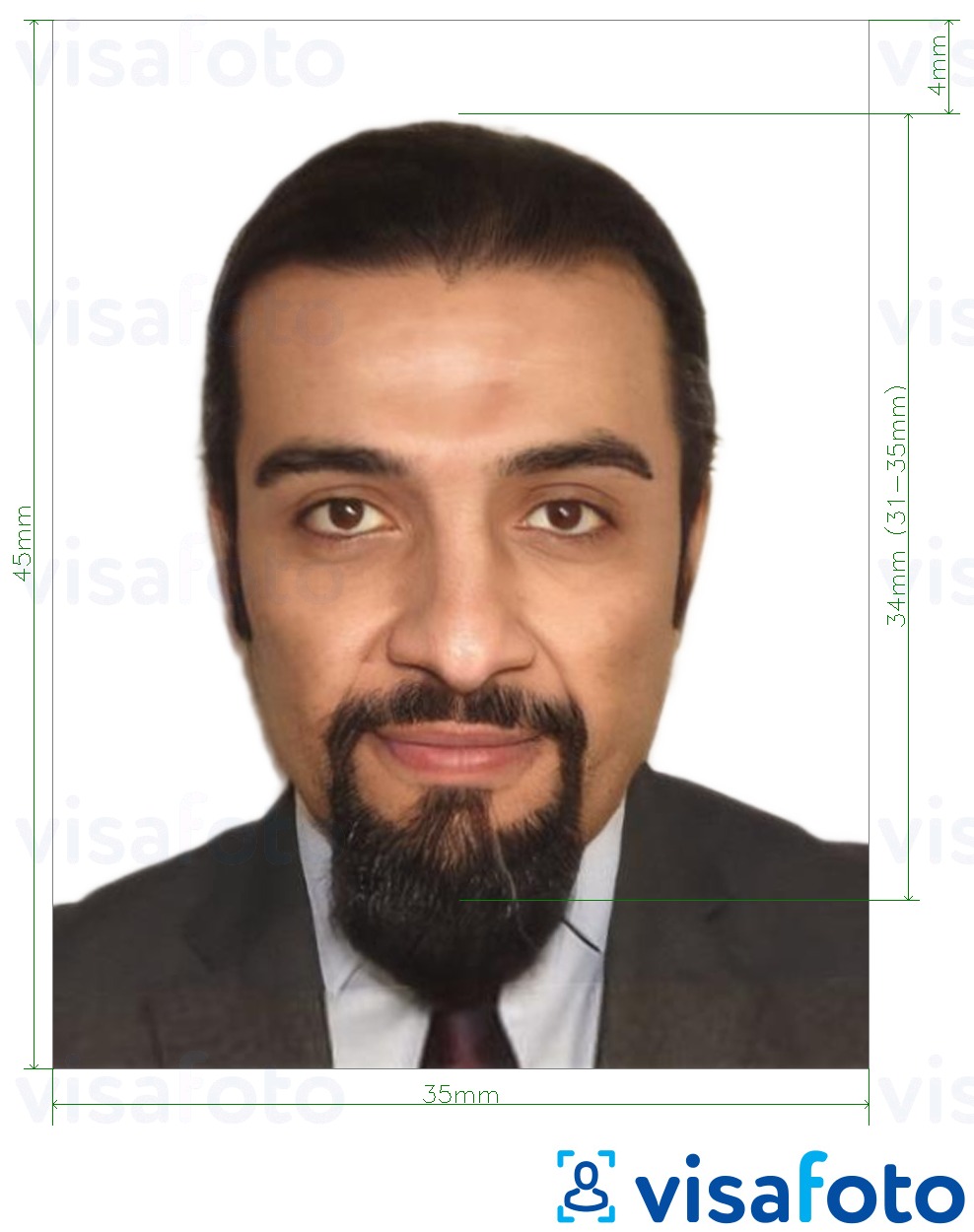 Eksempel på billede for Kuwait visum 35x45 mm med præcis størrelsesspecifikation.