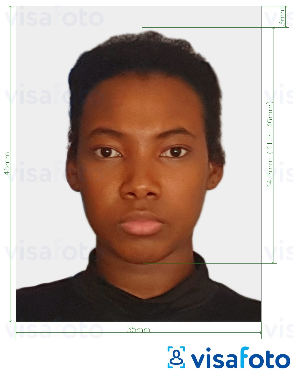 Eksempel på billede for Togo visum 4,5x3,5 cm (45x35mm) med præcis størrelsesspecifikation.
