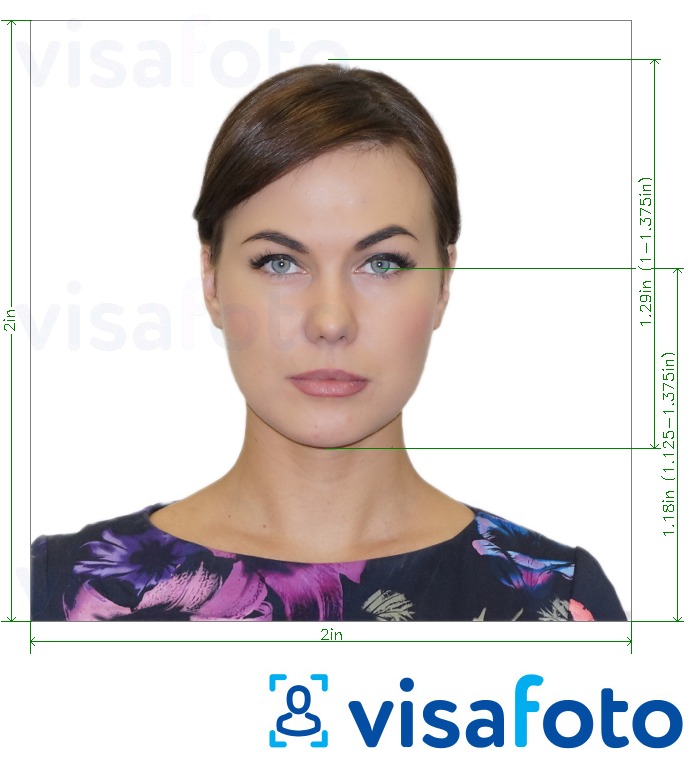 Eksempel på billede for VisaHQ visum foto (ethvert land) med præcis størrelsesspecifikation.