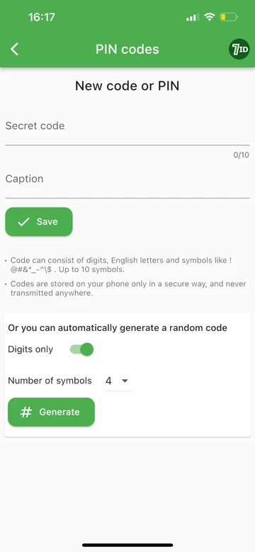 7ID: Vygenerujte si PIN nebo kód