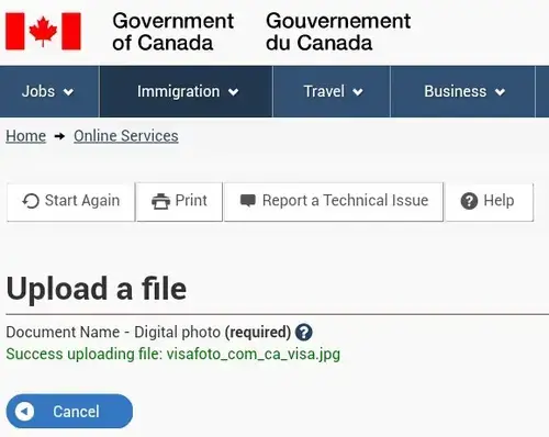 Canada visum billede upload resultat skærm