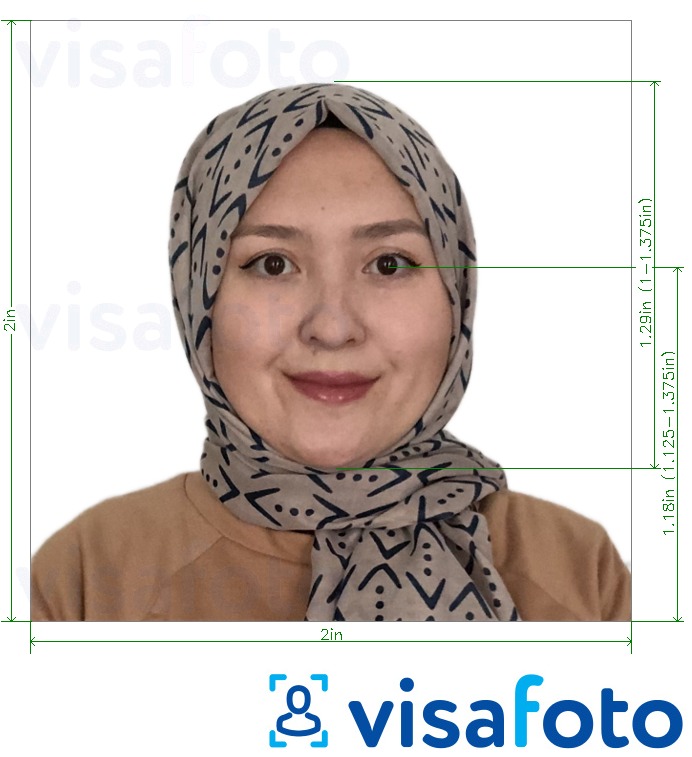 Eksempel på billede for Afghanistan visum 2x2 tommer (fra USA) med præcis størrelsesspecifikation.