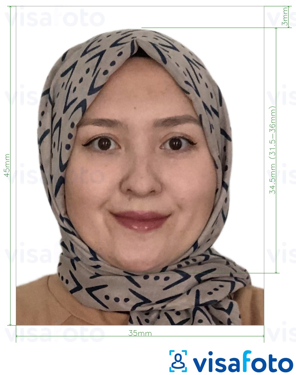 Eksempel på billede for Afghanistan visum 35x45 mm (3,5x4,5 cm) med præcis størrelsesspecifikation.