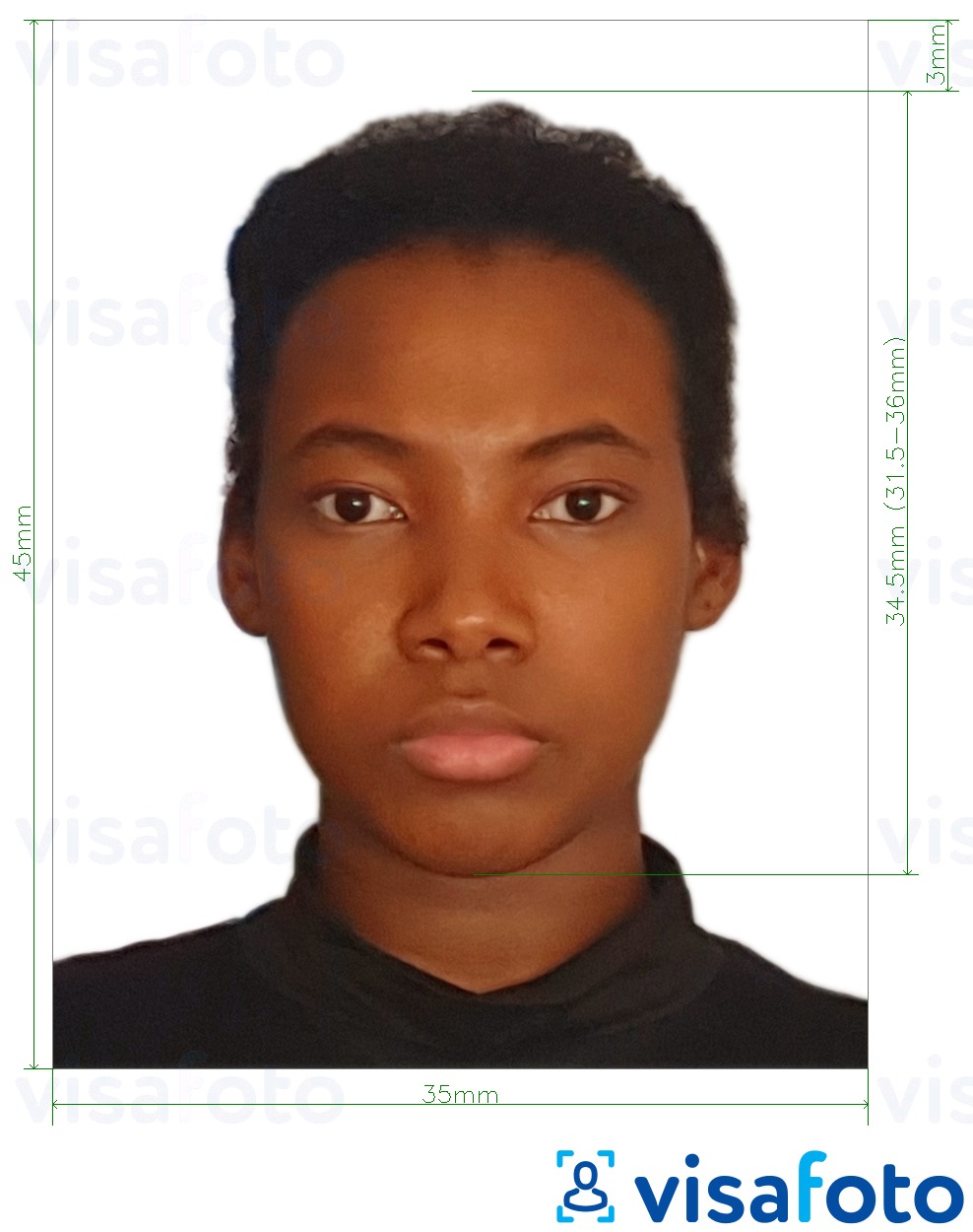 Eksempel på billede for Burkina Faso pas 4,5x3,5 cm (45x35 mm) med præcis størrelsesspecifikation.