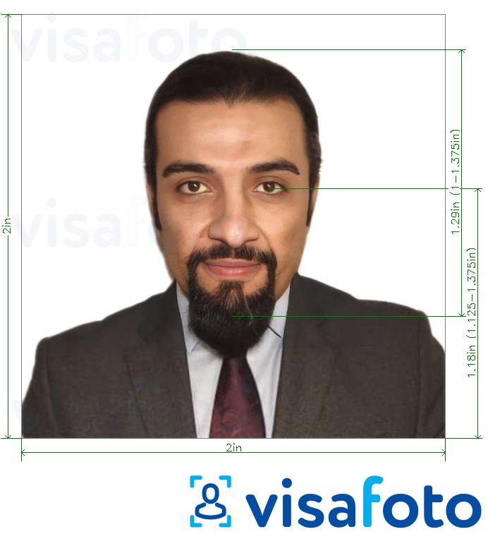 Eksempel på billede for Egypts pas (kun fra USA) 2x2 tommer, 51x51 mm med præcis størrelsesspecifikation.