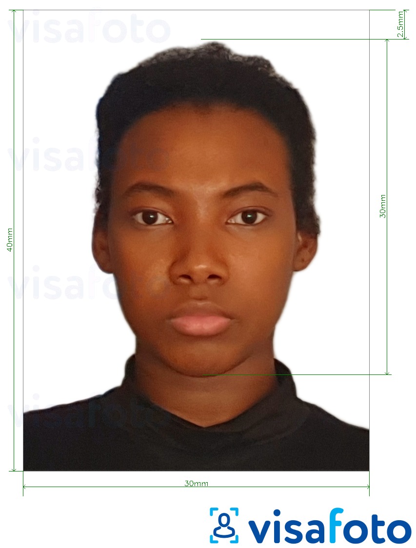 Eksempel på billede for Guinea-Bissau e-visa med præcis størrelsesspecifikation.