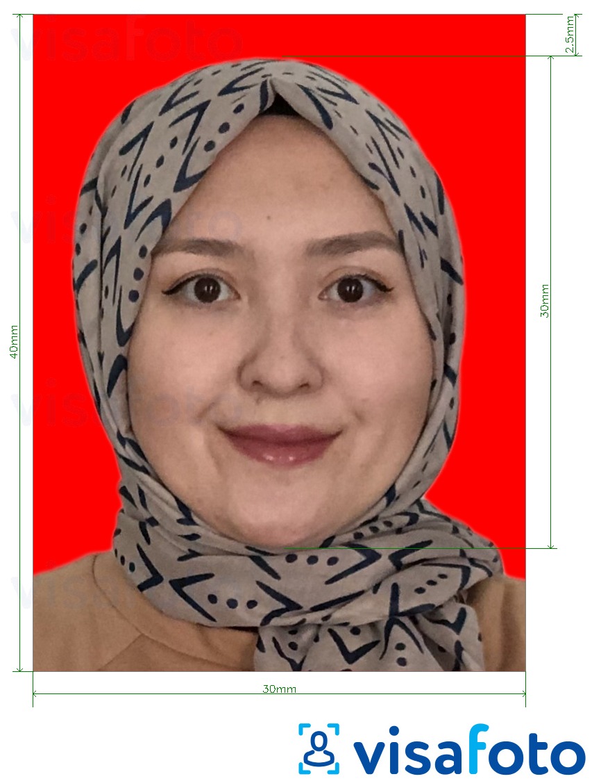 Eksempel på billede for Indonesien visa 3x4 cm (30x40 mm) online rød baggrund med præcis størrelsesspecifikation.