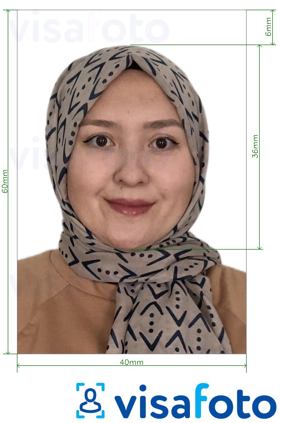 Eksempel på billede for Indonesien visum 40x60 mm med præcis størrelsesspecifikation.