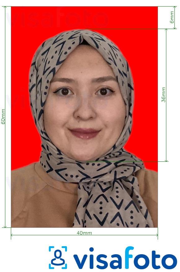 Eksempel på billede for Indonesien Visa 4x6 cm rød baggrund med præcis størrelsesspecifikation.