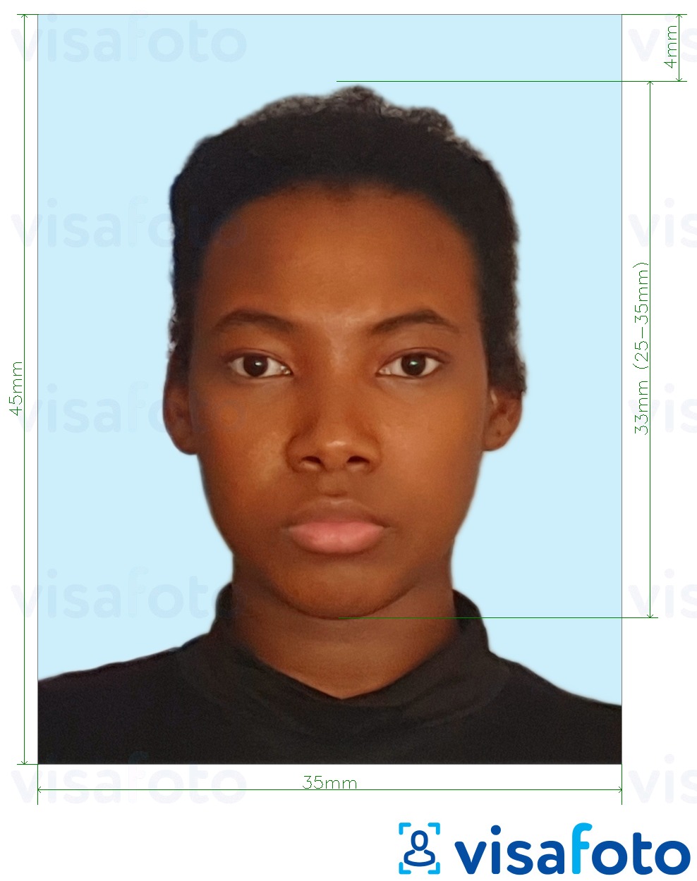 Eksempel på billede for Jamaica-pas 35x45 mm lyseblå baggrund med præcis størrelsesspecifikation.