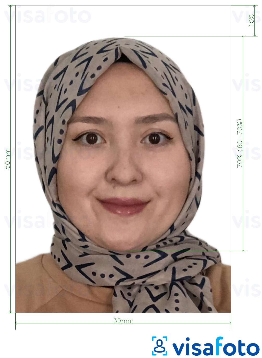 Eksempel på billede for Malaysia Visum 35x50 mm hvid baggrund med præcis størrelsesspecifikation.