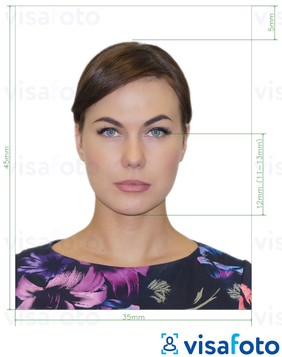 Eksempel på billede for Rusland Pass (øjnene til bunden af hagen 12 mm), 35x45 mm med præcis størrelsesspecifikation.