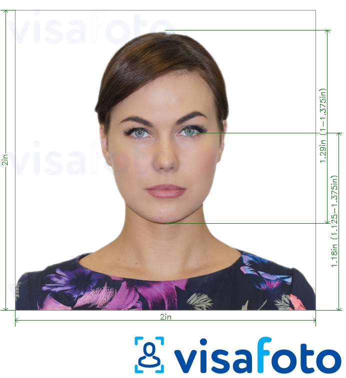 Eksempel på billede for Amerikansk pas kort 2x2 tommer med præcis størrelsesspecifikation.