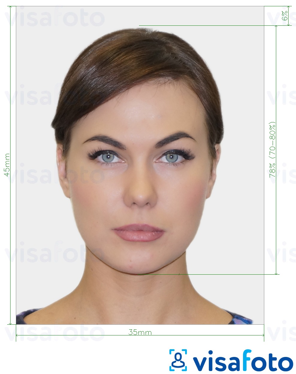 Eksempel på billede for Biometrisk pasfoto med præcis størrelsesspecifikation.