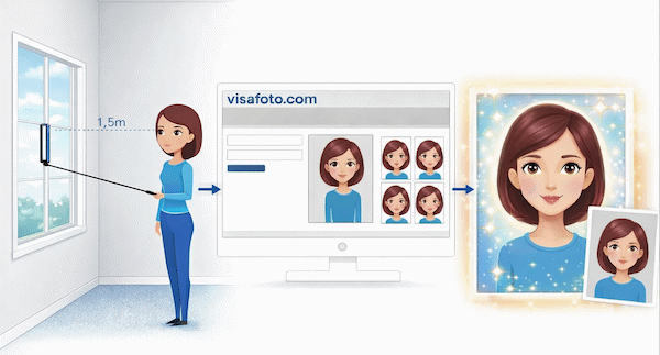 Tag et billede med en smartphone eller et kamera mod en lys væg, upload det her og få et ordenligt billede til dit visum, pas eller ID.