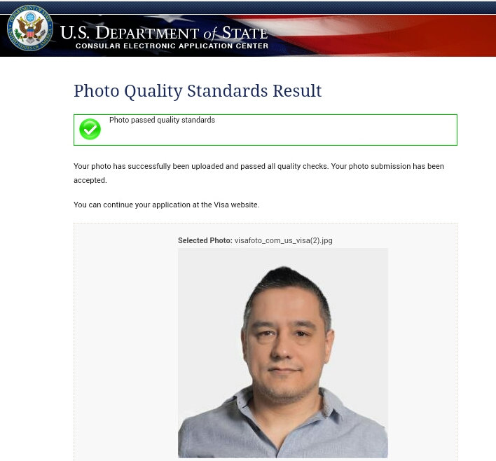 Amerikansk visum billede upload succes skærmbillede